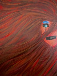 a painting of a woman with red hair and a blue tree